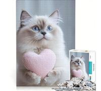 Teenagers 1000 Pieces Puzzle Cute White Cat Holding Heart, Brain Teaser Game, Difficult And Challenge, Deal As Gifts for The Whole Family 50x75cm