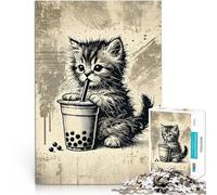 teenagers 1000 Pieces Puzzle Kitten with Boba Tea Challenging To Complete But Fun And Humorous is ideal as gifts for the whole family 50x70cm