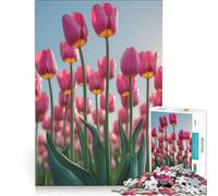 Teenagers 1000 Pieces Puzzle Pink Tulips Field Under Blue Sky, Brain Teaser Game, Difficult And Challenge, Deal As Gifts for The Whole Family 38x52cm