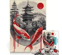 Teenagers 1000 Pieces Puzzle Red Koi And Japanese Icon Brain Teaser Game Difficult And Challenge Deal As Gifts for The Whole Family 38x26cm