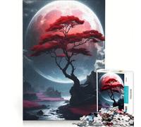 Teenagers 1000 Pieces Puzzle Red Tree Under A Giant Moon Brain Teaser Game Difficult And Challenge Deal As Gifts for The Whole Family 38x26cm