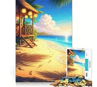 Teenagers 1000 Pieces Puzzle Tropical Beach Hut at Sunset, Chibi Style Fine Cut Art Focus Training Fun Quiet Time Game Christmas Fun Gift(38x26cm)