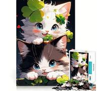 Teenagers 1000 Pieces Puzzle Two Cute Cats with Clovers Fine Cut Art Focus Training Fun Quiet Time Game Christmas Fun Gift (50x75cm)