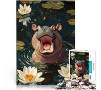 teenagers 2000 Pieces Puzzle Smiling Hippo in Water Lilies Lustige Spiele Lustige Aktivitäten für zu Hause, Geburtstagsgeschenk, Reisegeschenk,70x100cm