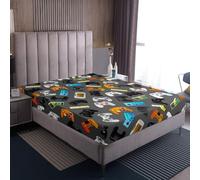 Teenagers Game Fitted Sheet Boys Gamepad Joystick Fitted Sheet for Children Single Youth Man Various Video Game Controls Design Bed Sheet Set Colorful Bedroom