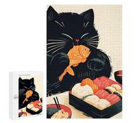 Teenagers Jigsaw Puzzles 1000 PCS Black Cat with Sushi - Chubby Cat Puzzles for Adults Relax Games But Fun And Humorous Challenging To Complete 1000 PCS