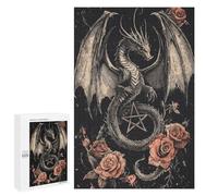 Teenagers Jigsaw Puzzles 1000 PCS Gothic Dragon with Pentagram And Roses Adult Jigsaw Relaxing Games Difficult Challenge Educational Challenge 1000 PCS