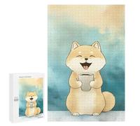 Teenagers Jigsaw Puzzles 1000 PCS Smiling Shiba Inu with Coffee Puzzles for Adults Family Game Perfect Decoration Challenging To Complete 1000 PCS