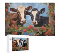 Teenagers Jigsaw Puzzles 1000 PCS Two Cows Behind A Fence with Red Roses Puzzles for Adults Hands-on Game Hand Speed Race Educational Challenge 1000 PCS