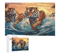 Teenagers Jigsaw Puzzles 1000 PCS Two Tigers Running in Water at Sunset Puzzles for Adults Hands-on Game Hand Speed Race Educational Challenge 1000 PCS