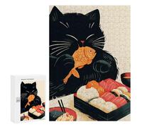 Teenagers Jigsaw Puzzles 300 PCS Black Cat with Sushi - Chubby Cat Adult Jigsaw Puzzle Relaxing Games Wall Decoration Great Gift for Gaming 300 PCS