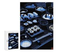 Teenagers Jigsaw Puzzles 300 PCS Blue Monochrome Sushi Feast Illustration Jigsaw for Adults Relaxing Games Hand Speed Race Challenging To Complete 300 PCS