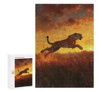 Teenagers Jigsaw Puzzles 300 PCS Cheetah Leap at Sunset Jigsaw for Adults Relaxing Games Hand Speed Race Challenging To Complete 300 PCS