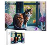 Teenagers Jigsaw Puzzles 300 PCS Floral Window Cat Decor Puzzles for Adults Hands-on Game Hand Speed Race Educational Challenge 300 PCS