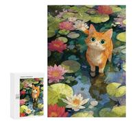 Teenagers Jigsaw Puzzles 300 PCS Ginger Cat in Lily Pond Puzzles for Adults Family Game Perfect Decoration Challenging To Complete 300 PCS