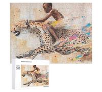 Teenagers Jigsaw Puzzles 500 PCS African Boy Riding Cheetah Puzzles for Adults Relax Games But Fun And Humorous Challenging To Complete 500 PCS
