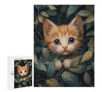 Teenagers Jigsaw Puzzles 500 PCS Kitten Hiding In Leaves Jigsaw for Adults Relaxing Games Hand Speed Race Challenging To Complete 500 PCS