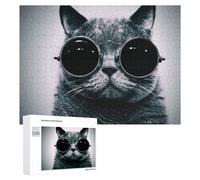 Teenagers Jigsaw Puzzles 500 PCS Stylish Cat with Round Sunglasses Puzzles for Adults Hands-on Game Hand Speed Race Educational Challenge 500 PCS