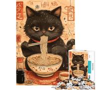 Teenagers Puzzles 1000 Piece Jigsaws Black Cat Eating Ramen Jigsaw Hands-on Game Birthday Present Deal As Gifts for The Whole Family (Size 38x52cm)