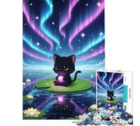 Teenagers Puzzles 1000 Piece Jigsaws Black Cat on Lily Pad Help The Brain Exercise Pattern Assembly Relax Games Suitable for Ages 14 And Up (50x75cm)