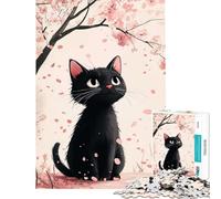 Teenagers Puzzles 1000 Piece Jigsaws Black Cat Under Cherry Blossoms Learning Educational Toys Relaxing Games Tough Challenge Birthday Gifts (Size 75x50cm)