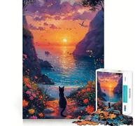 Teenagers Puzzles 1000 Piece Jigsaws Cat Watching Sunset by The Sea Tight Joint Game Cognitive Game Toy Easy Time Fun Xmas Decor Gift (50x75cm)