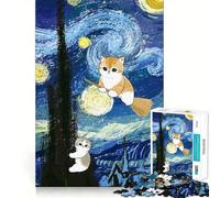 Teenagers Puzzles 1000 Piece Jigsaws Cats in Starry Night Style Tight Joint Game Cognitive Game Toy Easy Time Fun Xmas Decor Gift (38x26cm)