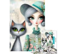 Teenagers Puzzles 1000 Piece Jigsaws Chic Lady And Tabby Cat Puzzle for Adults Hands-on Game Difficult Challenge Deal As Gifts for The Whole Family (Size 50x75cm)