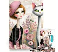 Teenagers Puzzles 1000 Piece Jigsaws Chic Parisian Cat Lady Tight Joint Game Cognitive Game Toy Easy Time Fun Xmas Decor Gift (50x75cm)