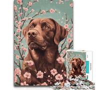 Teenagers Puzzles 1000 Piece Jigsaws Chocolate Labrador with Cherry Blossoms Tough Challenge Gift Birthday for 14+ Puzzle Game Offered 38x52cm