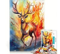 Teenagers Puzzles 1000 Piece Jigsaws Deer Fire Watercolors, Impossible Game, Interesting Stress Reduction, for Is Ideal As A Gift 38x52cm