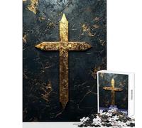Teenagers Puzzles 1000 Piece Jigsaws Golden Cross on Black Marble Educational Game Presents for Women Educational Toy Wishlist with Santa Claus (38x26cm)
