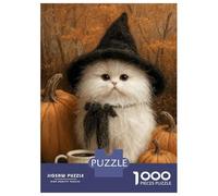 Teenagers Puzzles 1000 Piece Jigsaws Halloween White Witch Cat with Pumpkins Jigsaws for Adults Fun Games Presents for Women Deal As Gifts for The Whole Family 52x38cm/1000pcs