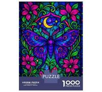 Teenagers Puzzles 1000 Piece Jigsaws Neon Fantasy Stained Glass Moth with Moon Jigsaw Puzzle Fun Games Birthday Present Deal As Gifts for The Whole Family 52x38cm/1000pcs