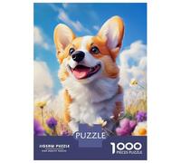 Teenagers Puzzles 1000 Piece Jigsaws Smiling Welsh Corgi in Flowers Puzzles for Adults Brain Teaser Game Wall Decoration Stress Reduction Gifts 52x38cm/1000pcs