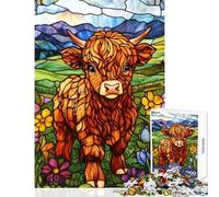 Teenagers Puzzles 1000 Piece Jigsaws Stained Glass Highland Cow Educational Games For Family Fun Anti-Stress Toys Deal As Gifts for The Whole Family (38X52CM)