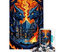 Teenagers Puzzles 1000 Piece Jigsaws Stone Dragon Guardians And Fire in Village Jigsaw Puzzle Brain Teaser Game Hand Speed Race Help The Brain Exercise (Size 50x75cm)