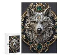 Teenagerss 300 PCS Puzzle Ornate Wolf Head with Emeralds Jigsaw Puzzles for Adults Stress Reliever Educational Challenge Unique Challenge Game 300 PCS