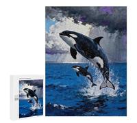 Teenagerss 500 PCS Puzzle Orcas Leaping from The Ocean Painting Jigsaw Puzzles for Adults Stress Reliever Educational Challenge Unique Challenge Game 500 PCS