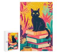 Teenagerss Puzzles 1000 PCS Jigsaws Black Cat on Stack of Books Jigsaw Puzzle Hands-on Game Wall Art Deal As Gifts for The Whole Family 1000 PCS