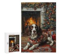 Teenagerss Puzzles 300 PCS Jigsaws English Springer Spaniel by Fireplace Dog in Sweater Christmas Art Adult Jigsaw Puzzle Family Game A Work of Art for Birthday, Chrismas 300 PCS