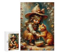 Teenagerss Puzzles 300 PCS Jigsaws Girl Feeding Cat with Bowl Jigsaw Puzzle Hands-on Game Wall Art Deal As Gifts for The Whole Family 300 PCS