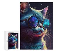 Teenagerss Puzzles 300 PCS Jigsaws Glowing Neon Cat Sunglasses Art Print Jigsaw Puzzle Hands-on Game Wall Art Deal As Gifts for The Whole Family 300 PCS