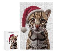Teenagerss Puzzles 300 PCS Jigsaws Ocelot Wearing A Christmas Hat Puzzle for Adults Brain Teaser Game Presents for Women for Birthday, Chrismas 300 PCS