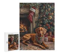 Teenagerss Puzzles 500 PCS Jigsaws Christmas Dog by Fireplace Painting Vizsla Dog with Stocking Puzzles for Adults Anti-Stress Toys Analysis And Logic for Birthday, Chrismas 500 PCS
