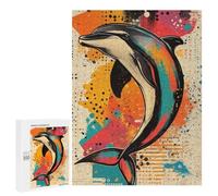 Teenagerss Puzzles 500 PCS Jigsaws Dolphin Splash Art Dynamic Dolphin Illustration Modern Pop Art Marine Design Adult Jigsaw Puzzle Family Game A Work of Art for Birthday, Chrismas 500 PCS