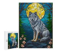 Teenagerss Puzzles 500 PCS Jigsaws Stained Glass Wolf Under Moonlight Puzzle for Adults Brain Teaser Game Presents for Women for Birthday, Chrismas 500 PCS