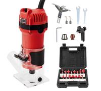 TEENO Compact Wood Router Tool, Electric Hand Wood Trimmer 800W 31000 RPM Hand Trim Router with 15 Pcs 1/4" Bits Set, Edge Guide, Roller Guide with Carrying Case
