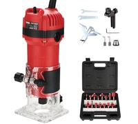 TEENO Compact Wood Router Tool, Electric Hand Wood Trimmer 800W 31000 RPM Hand Trim Router with 15 Pcs 1/4" Bits Set, Edge Guide, Roller Guide with Carrying Case
