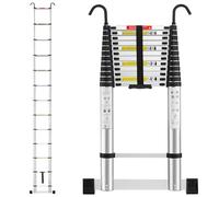 TEENO Telescopic Ladder 5 m Aluminium Folding Ladder with Stabilising Bar and Removable Hook, Max Load 150 kg